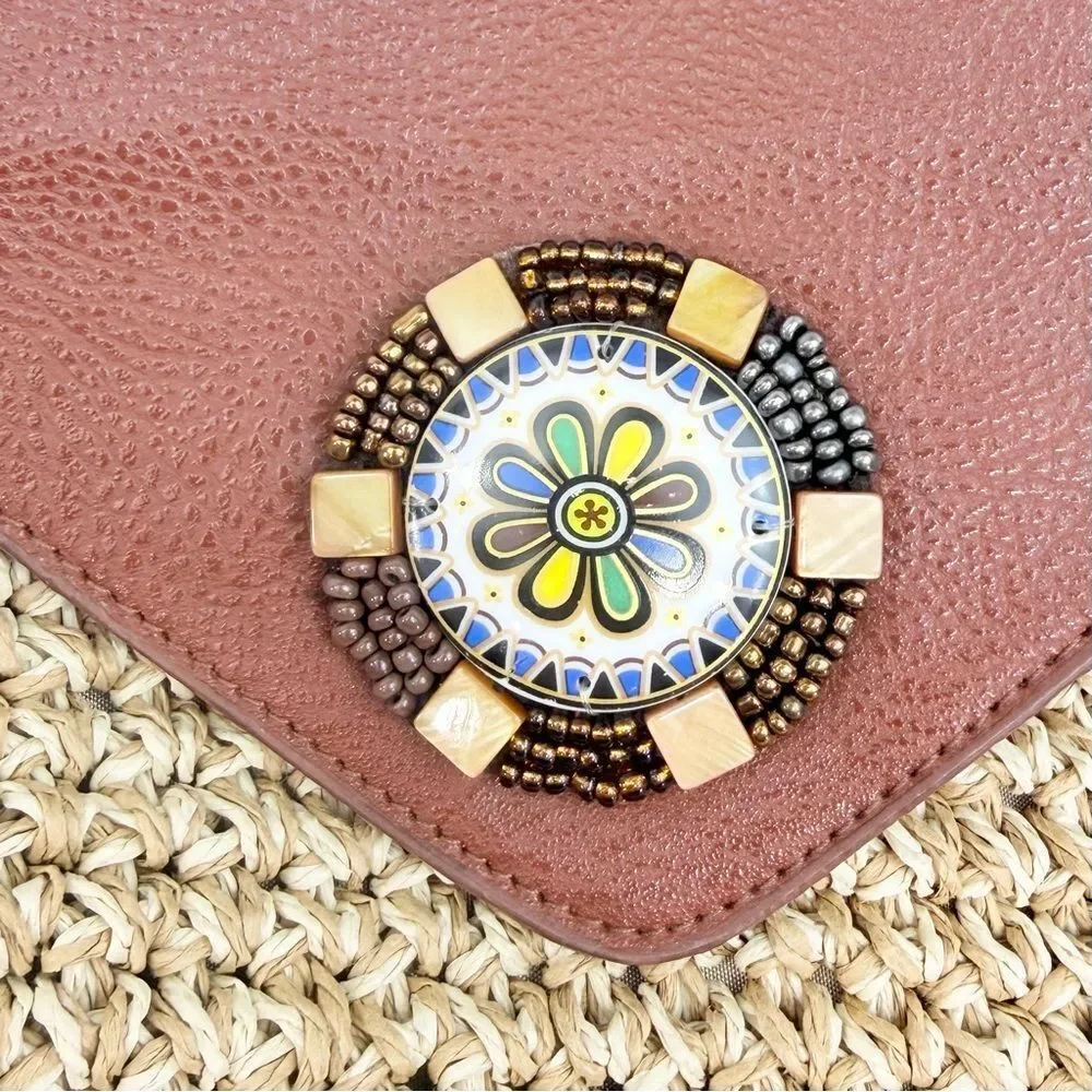 Sun N Sands Tan Woven Jute Faux Leather Bead Medallion Flap Crossbody Bag